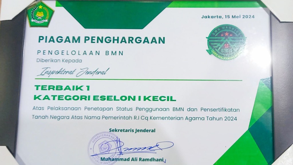 Itjen Kemenag, Terbaik I Penetapan Status Penggunaan BMN